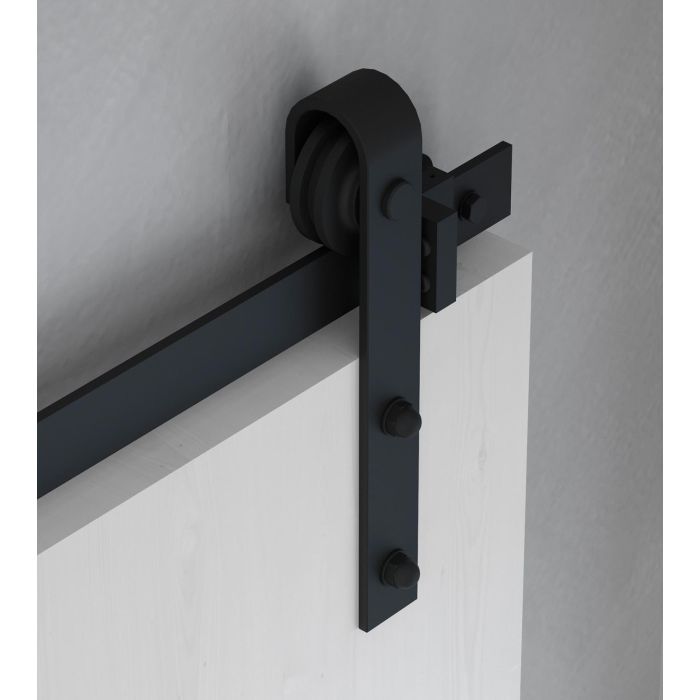Emuca Kit de herrajes para una puerta corredera colgada de madera Barn, Sin cierre suave, tableros no incluidos, Acero y Plástico, Pintado negro 10