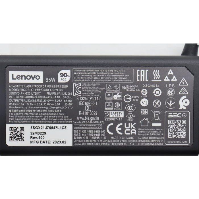 Lenovo 65W USB-C power adapter, supports 20V, 15V, 9V, and 5V output, suitable for Lenovo laptops and devices. 7 Lenovo 65W USB-C power adapter, supports 20V, 15V, 9V, and 5V output, suitable for Lenovo laptops and devices. 7