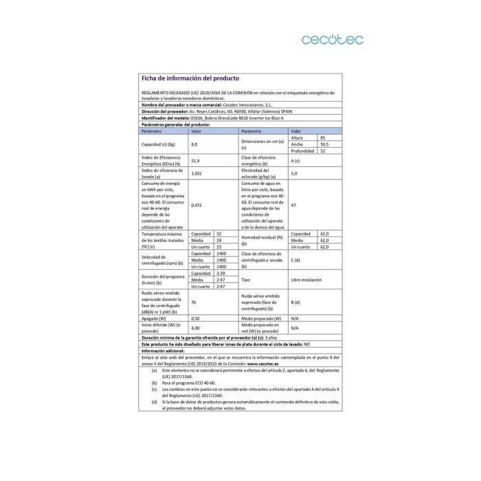 Lavadora Cecotec 8610 Inverter Titanium A 1400 rpm 8 kg 8