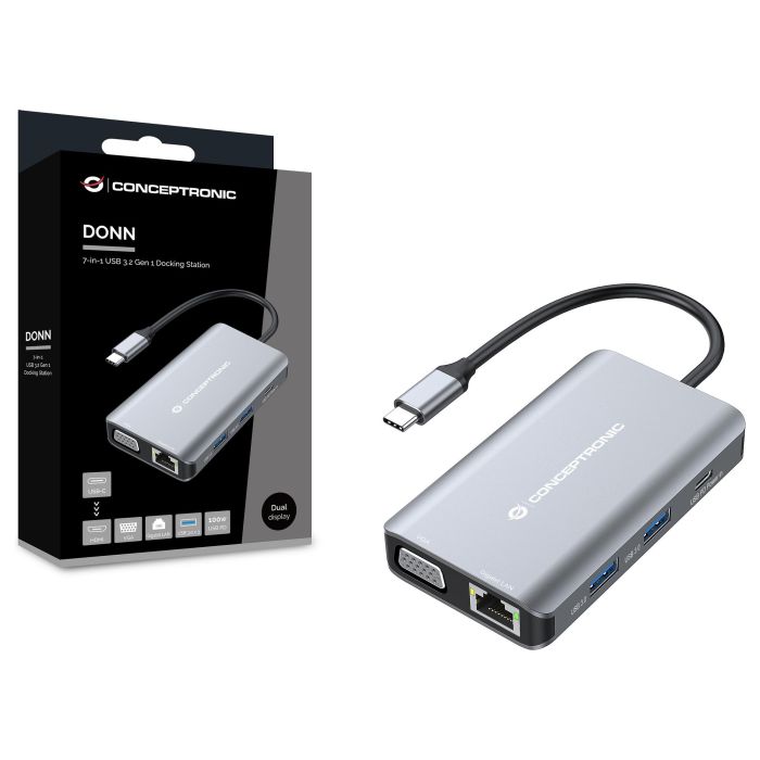 Conceptronic DONN21G Docking Station 7 en 1 USB-C a HDMI 4K, VGA, LAN GbE, USB 3.0 x3, PD 100W, Gris 2