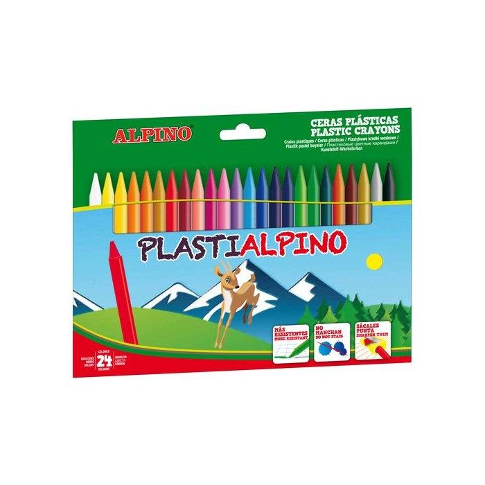 Alpino Ceras Plásticas Plastialpino 115 mm No Manchan, Estuche de 24 Colores Surtidos