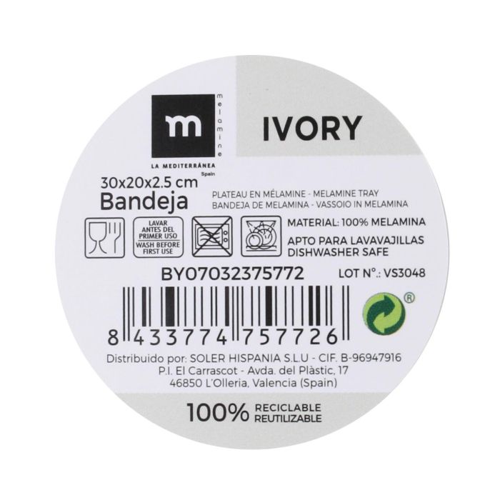 La Mediterranea Bandeja Melamina Ivory 30 cm x 20 cm x 2.5 cm (12 Unidades) 1
