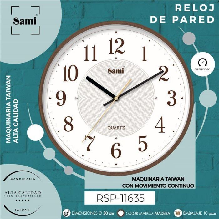 SAMI Reloj de Pared HQ TAIWAN Redondo 30 cm en Madera de Nogal