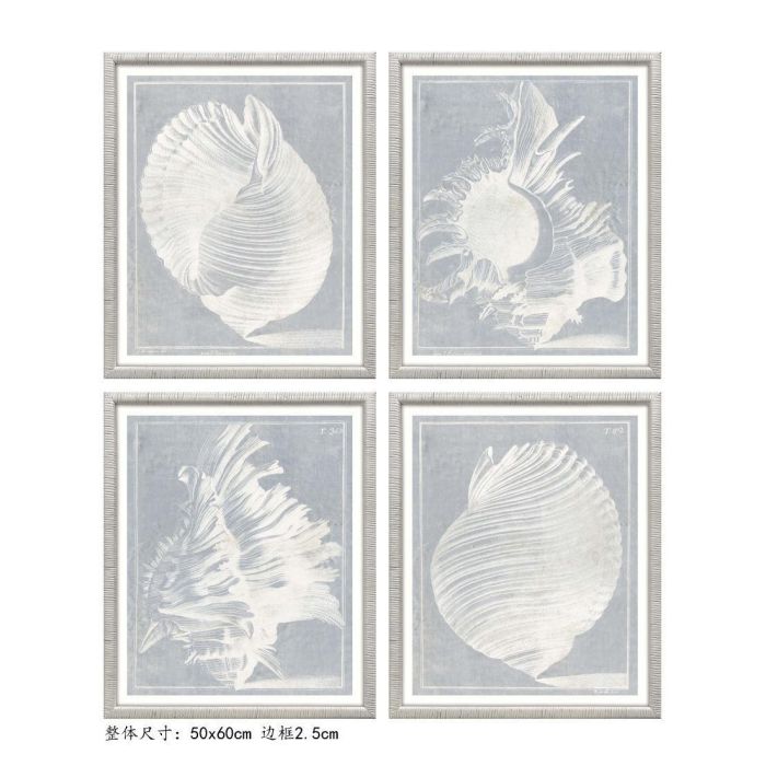 DKD Home Decor Cuadro Mediterráneo con Diseño de Caracolas, Azul y Blanco, en Cristal y Ratán, 60x50x2 cm. Set de 4 Unidades.