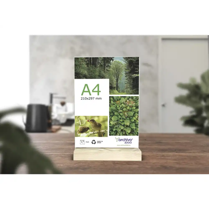 Archivo 2000 Expositor Sobremesa Doble Cara A5 Vertical Metacrilato Reciclado Base Madera Cristal Transparente 240x150x40 mm 4