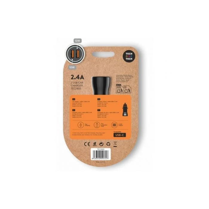 Tech One Tech TEC2803 Cargador de Coche 2xUSB + Cable USB Tipo-C 12W 1