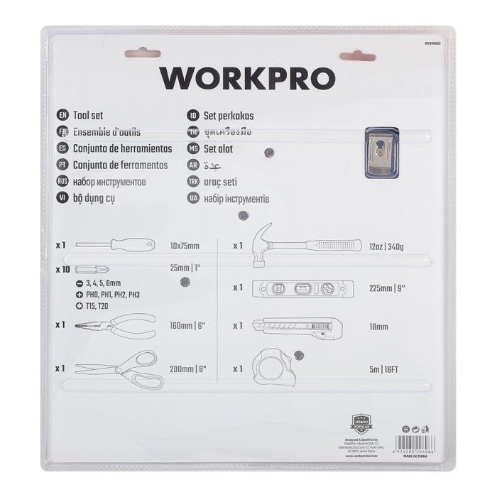 Workpro Juego de Herramientas 17 Piezas Tijera Cúter Cinta Métrica Alicate Nivel Martillo Puntas 2