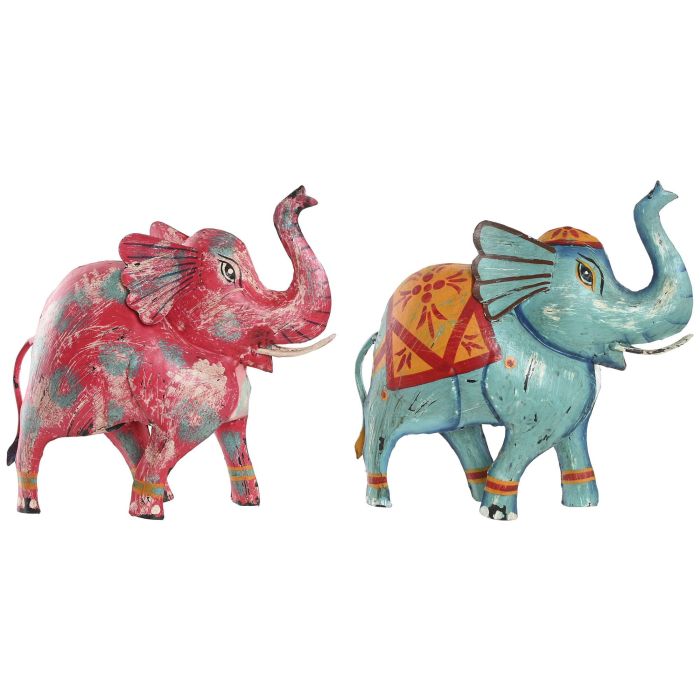 DKD Home Decor Decoración de Elefante Indio Fucsia Azul Metal 12 x 40 x 40 cm (2 Unidades)