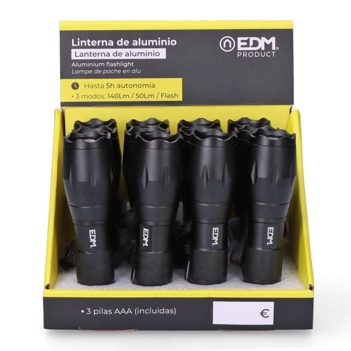 Edm Linterna de aluminio con zoom, 1 LED, 3 modos de luz (140lm/50lm/flash), 3W, 6500K, hasta 5h autonomía, 3xAAA incluidas 6 Edm Linterna de aluminio con zoom, 1 LED, 3 modos de luz (140lm/50lm/flash), 3W, 6500K, hasta 5h autonomía, 3xAAA incluidas 6
