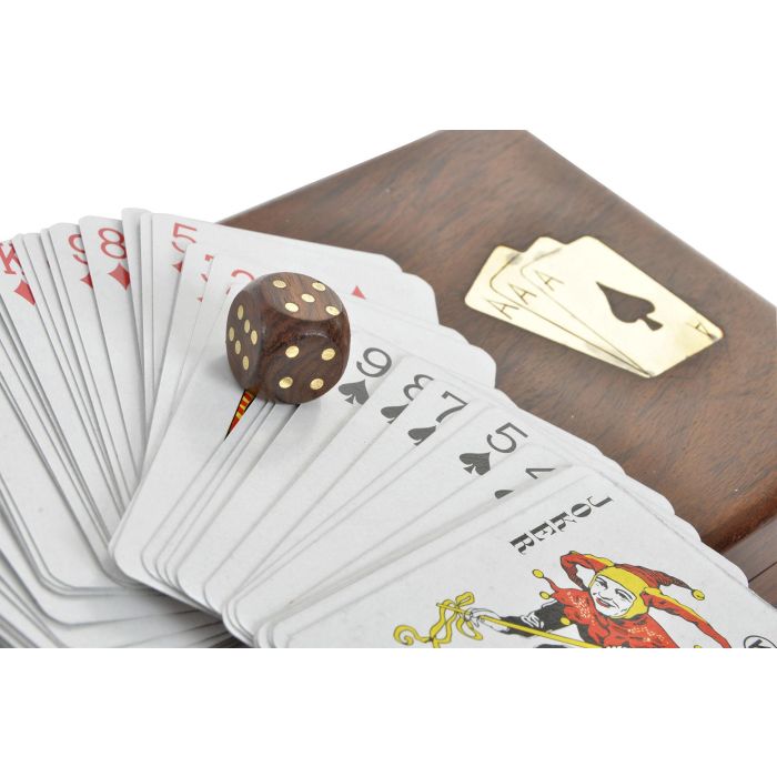 DKD Home Decor Juego Colonial de Cartas y Dados, Hecho a Mano en Sheesham y Latón, Set de 3 Piezas, Marrón Oscuro Dorado 12x4x18 cm 2