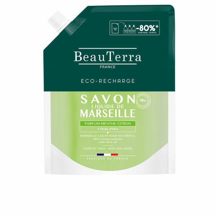 Beauterra Jabón Menta-Limón Recarga 900 ml para Manos y Piel, Cuidado Suave y Refrescante con Aceite de Oliva