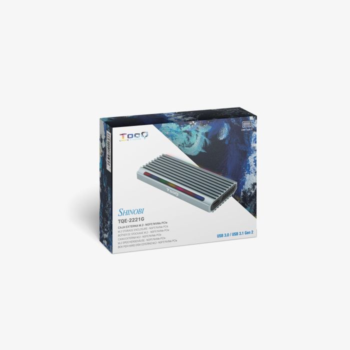 TooQ TQE-2221G Caja Externa M.2 NVMe/NGFF SSD USB 3.1 Gen2 10Gbps Sin Tornillos RGB Gris Aluminio Compatible 2230/2242/2260/2280 3