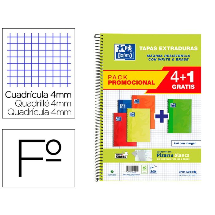 Oxford Cuaderno Espiral Write&Erase 80H Folio 4x4 mm C-Margen Tapa Extradura Pack 4+1 Ud C-Surtidos Vivos