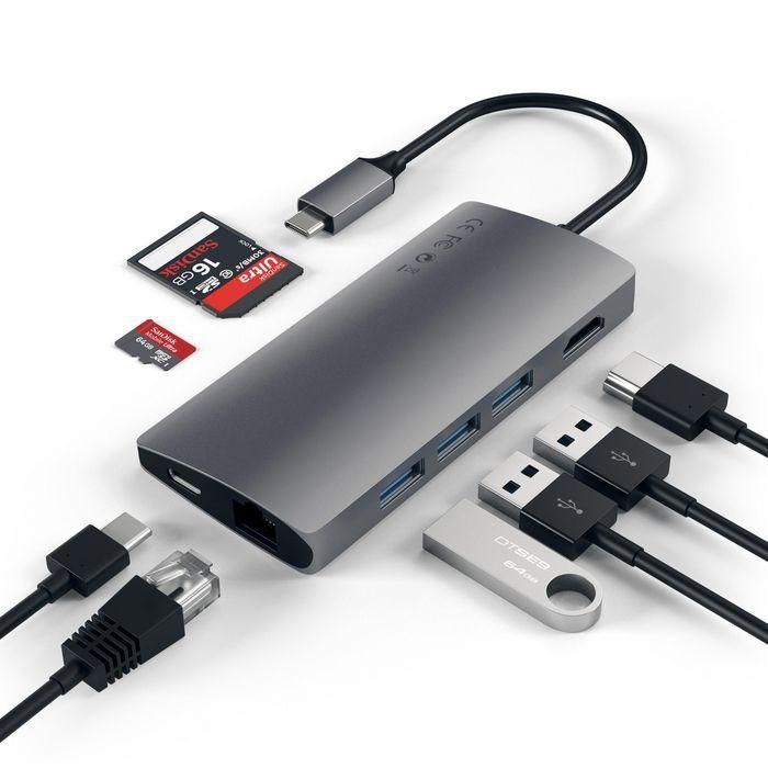 Satechi V2 Adaptador Multi-Puerto USB-C con Ethernet Gigabit, HDMI 4K, Lector Micro SD, Carga PD 49W - Aluminio para MacBook Pro 2