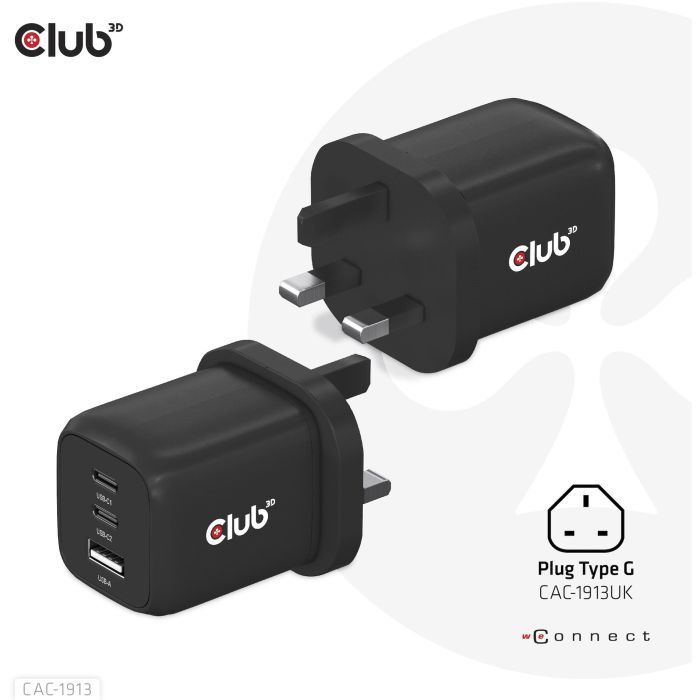 Club3D Ladegerät 2xUSB Typ C. 1xUSB Typ A. PD 65W. GaN retail 6