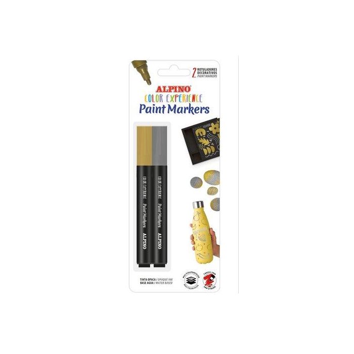 Alpino Rotuladores Crea Paint Marker Multisuperficies Oro Y Plata, Tinta Opaca Base de Agua, Blíster 2 Unidades