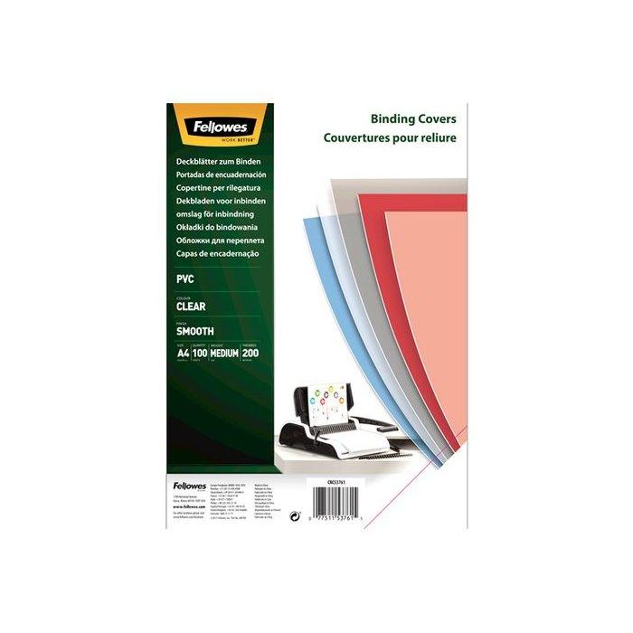 Fellowes Tapa de Encuadernación DIN A4 PVC Transparente Cristal 200 Micras, Plástico, Pack de 100 unidades