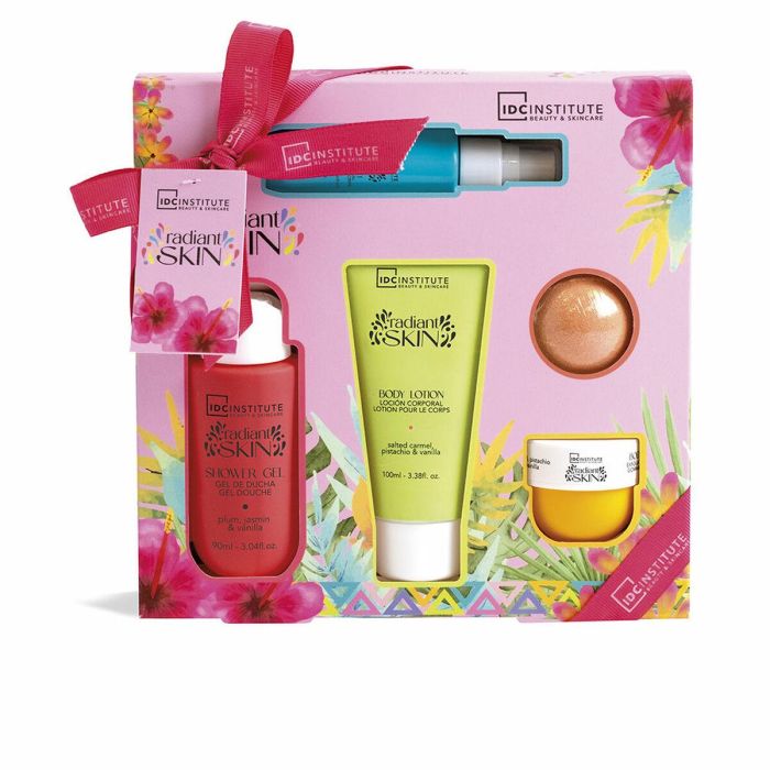 IDC INSTITUTE Estuche Radiant Skin 5 piezas: Gel, Loción Corporal, Exfoliante, Colonia y Bomba de Baño para Cuidado Completo