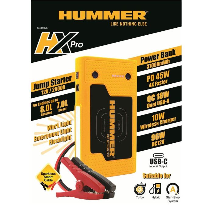 Arrancador Batería 12V 2000A Pico 10000mAh HUMMHXPRO para Motores 8.0L Gasolina / 7.0L Diesel, Power Bank y Carga Inalámbrica Arrancador Batería 12V 2000A Pico 10000mAh HUMMHXPRO para Motores 8.0L Gasolina / 7.0L Diesel, Power Bank y Carga Inalámbrica