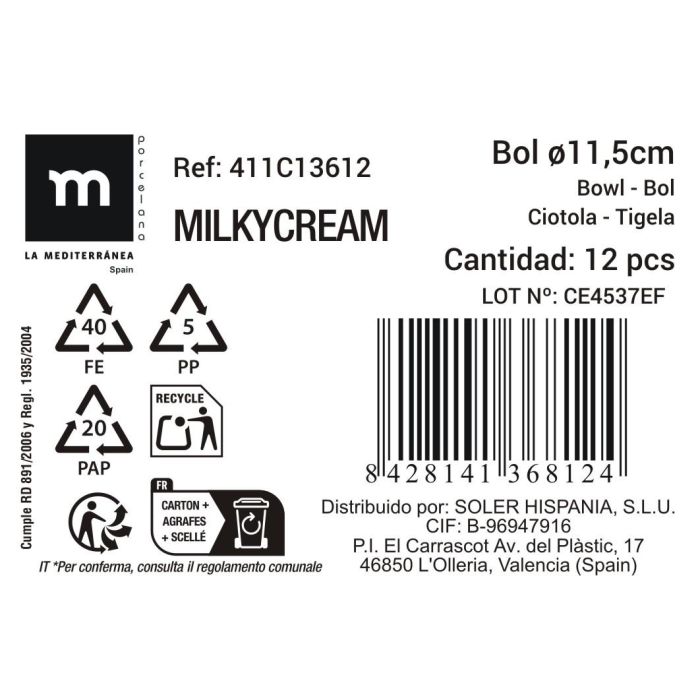 La Mediterranea Bol "Milkycream" Ø 11.5 x 5.9 cm (36 Unidades)