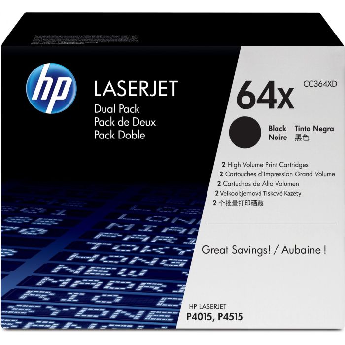 HP CC364XD Pack Ahorro 2 Cartuchos Tóner LaserJet 64X Alta Capacidad Negro para P4015, P4515 (48000 páginas)