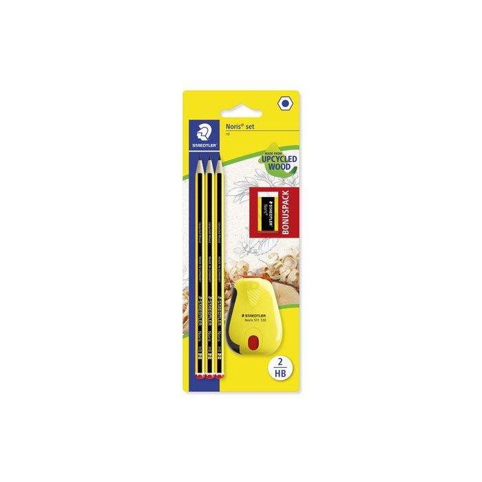 Staedtler Lápices de grafito Noris N.2 HB, blister promocional 120 Aniversario de 3 unidades + Afilalápiz con depósito