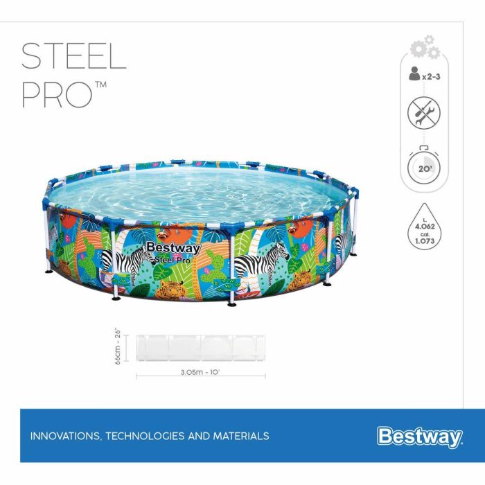 Bestway Piscina elevada Steel Pro 305x66 cm, redonda con diseño animal, estructura metal anticorrosión, 4.062 L, PVC 3 capas 2 Bestway Piscina elevada Steel Pro 305x66 cm, redonda con diseño animal, estructura metal anticorrosión, 4.062 L, PVC 3 capas 2