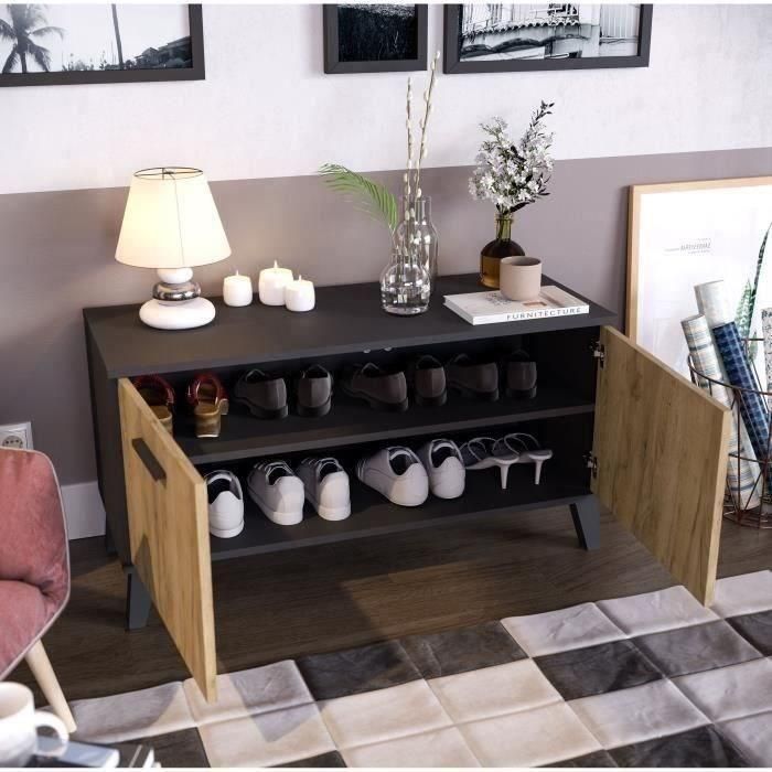 Zapatero THEO 2 puertas - Melamina roble rústico y contorno negro - 8 a 10 pares - L100 x P40 x H52 cm 4 Zapatero THEO 2 puertas - Melamina roble rústico y contorno negro - 8 a 10 pares - L100 x P40 x H52 cm 4