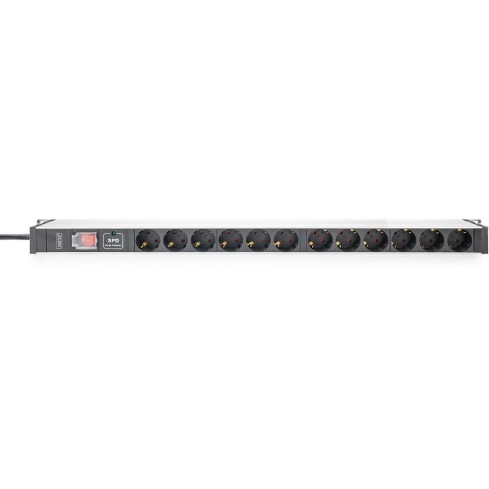 Digitus Regleta de enchufes PDU 1U con 12 salidas Schuko Tipo F 16A, protección sobretensión y conmutador, color negro