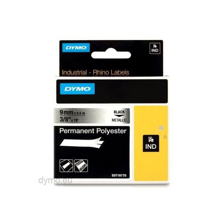 Dymo 18484 Cinta de Etiquetar ID1-9, Negro sobre Gris Metálico Plata, Poliéster, 9 mm x 5.5 m