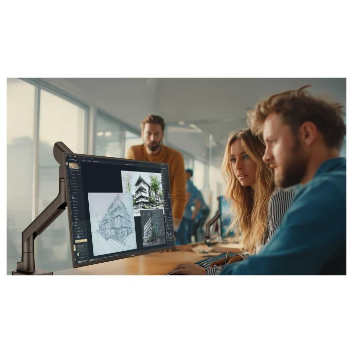 Iiyama Soporte de monitor articulado con gas para escritorio, VESA 100x100, peso 27 kg, rango 17-49", ajuste de altura, inclinación, giro 360°, negro 8