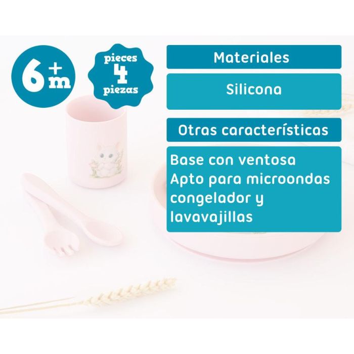 KioKids Set Vajilla Rosa de Silicona con Ventosa para Bebé, 4 Piezas, Plato Tenedor Cuchara y Vaso, Colección Lovely Friends, Edad +6 Meses