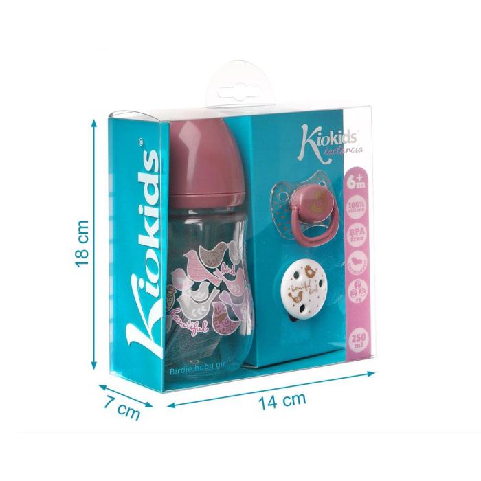 KioKids Set Biberón 250 mL, Chupete Ortodóntico Silicona y Pinza Sujetachupete Rosa | Bebés +6 Meses 3