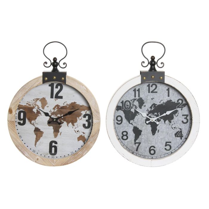 DKD Home Decor Reloj de Pared Atlántico Mapamundi MDF Hierro Cristal Marrón Negro 54x40 cm Pack 2 Unidades
