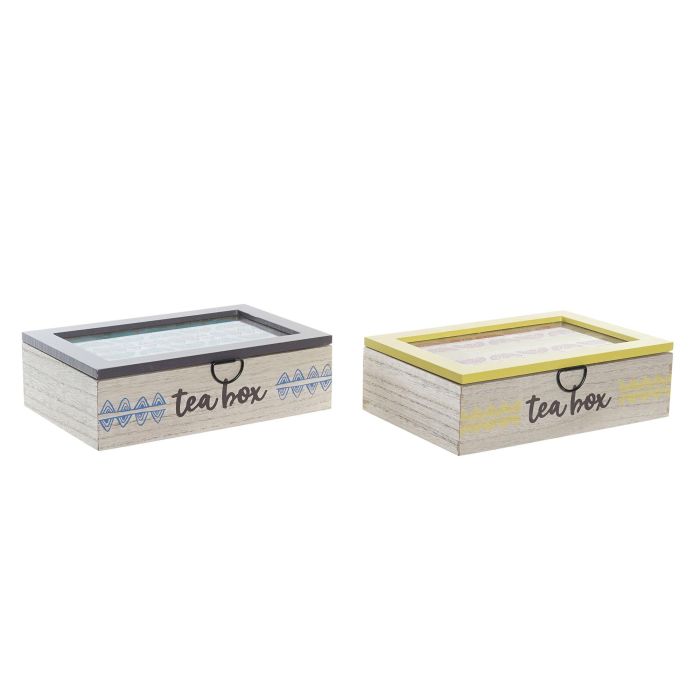 DKD Home Decor Caja Infusiones Colonial África Gres Azul Turquesa 4 Unidades Surtidas MDF Cristal 23x15x7 cm