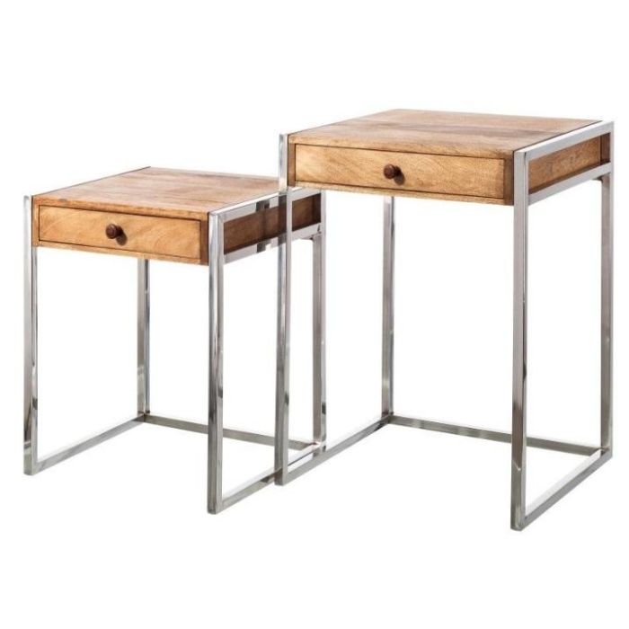 DKD Home Decor Mesita Auxiliar Loft Set de 2 Natural Plateado Mango y Acero 41 x 66.5 x 45.5 cm 1