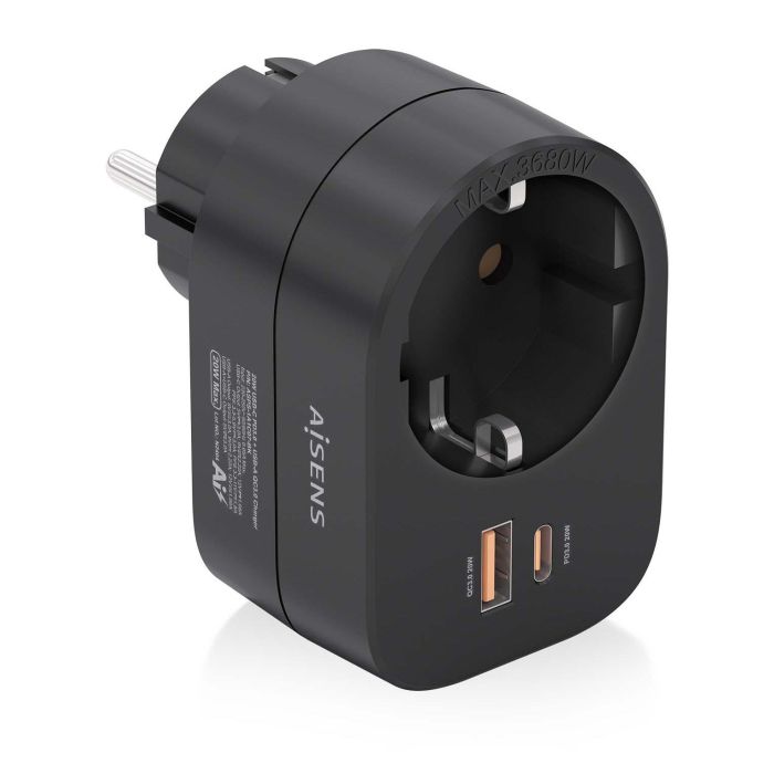 AISENS - REGLETA DE PARED MULTIFUNCION CON 1 TOMA + 1xUSB-C 20W PD3.0, 1xUSB-A 20W QC3.0, NEGRO