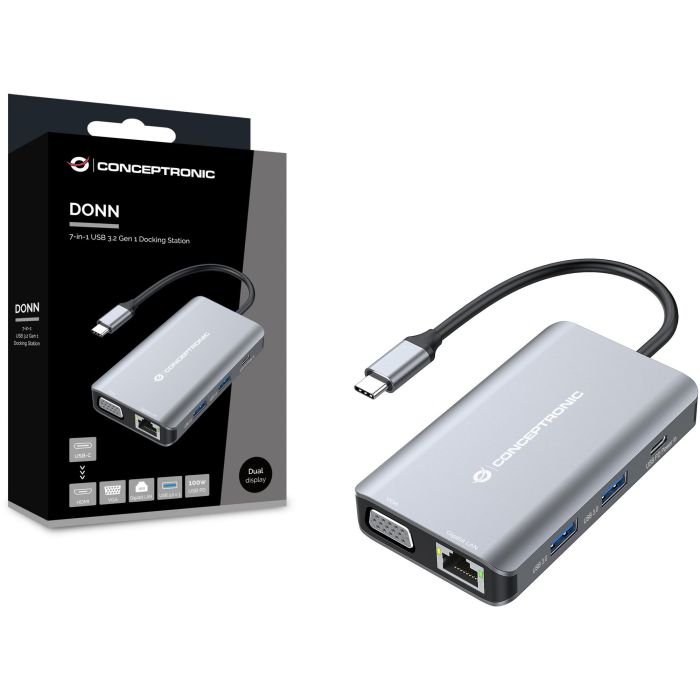 Conceptronic DONN21G Docking Station 7 en 1 USB-C a HDMI 4K, VGA, LAN GbE, USB 3.0 x3, PD 100W, Gris 2