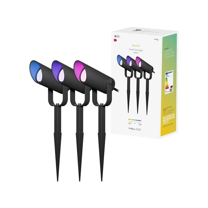 Hombli HBSK-0100 Kit Foco Smart LED Exterior Regulable - Lote de 3 Luces, Wi-Fi, Cambia Color RGB, Compatible Alexa/Google Home