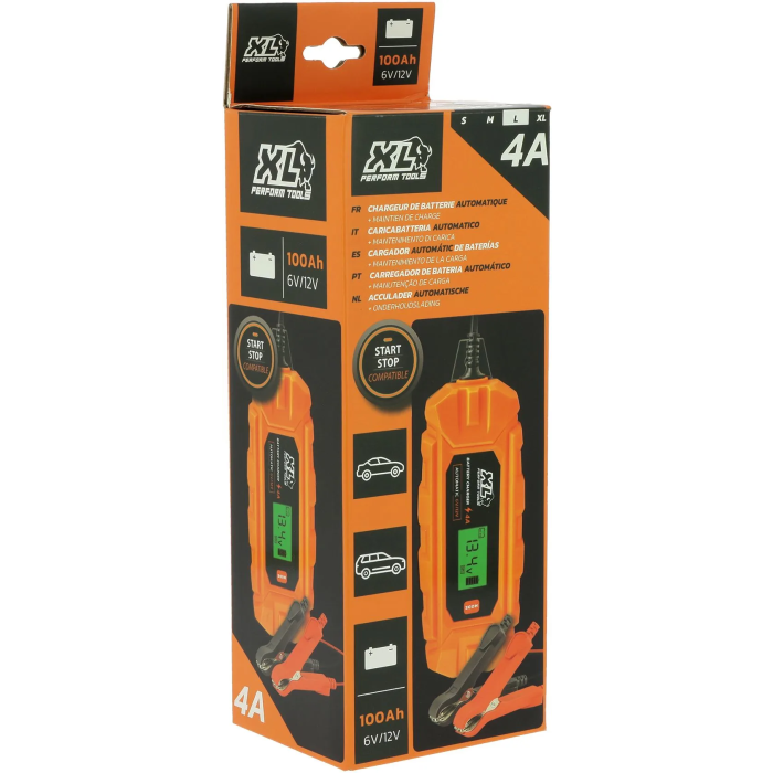 XL Perform Tools Cargador de Batería de Coche AAAQG37687 - 12V 70W 4A, Cable 3 m, IP65, Modo Alimentación, Pantalla Digital