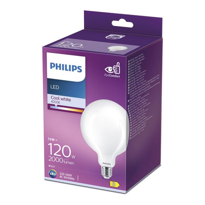 Bombilla globo led e27 13w 2000lm 4000k luz dia ø12,4x17,7cm philips 1