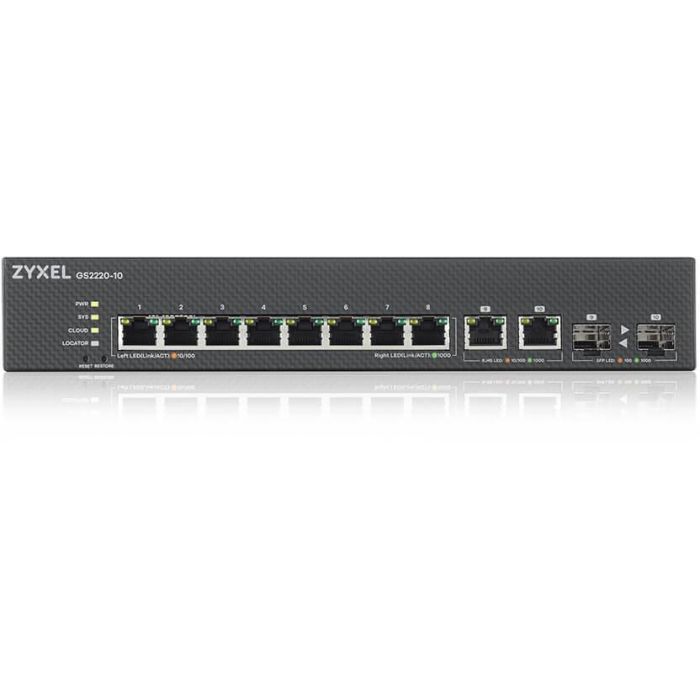 Zyxel GS2220-10-EU0101F Switch Gestionado L2, 10 Puertos Gigabit Ethernet, 20 Gbit/s, Sin Ventilador, Montaje en Rack, Negro 1 Zyxel GS2220-10-EU0101F Switch Gestionado L2, 10 Puertos Gigabit Ethernet, 20 Gbit/s, Sin Ventilador, Montaje en Rack, Negro 1