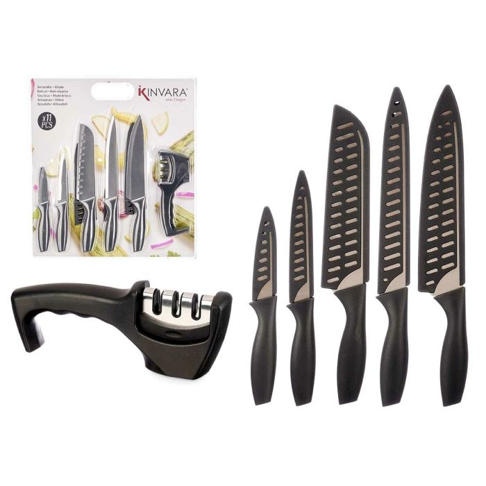 Set de Cuchillos Kinvara KT157095 Negro Acero Inoxidable Polipropileno Afilador de Cuchillos (6 Unidades) 1