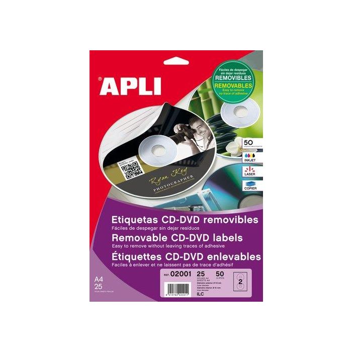 Etiquetas Adh.Impr.Apli A4 Multimed.Cd-Dvd Clasica Blister 25H Removible Mate Ø Ext.114 E Int.41 Mm 50 Uds.(02001) Etiquetas Adh.Impr.Apli A4 Multimed.Cd-Dvd Clasica Blister 25H Removible Mate Ø Ext.114 E Int.41 Mm 50 Uds.(02001)