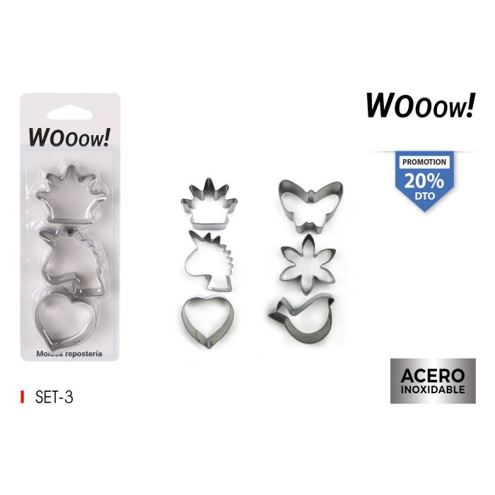 Set de 3 moldes de repostería surtidos en acero inoxidable - Wooow (36 Unidades) Set de 3 moldes de repostería surtidos en acero inoxidable - Wooow (36 Unidades)