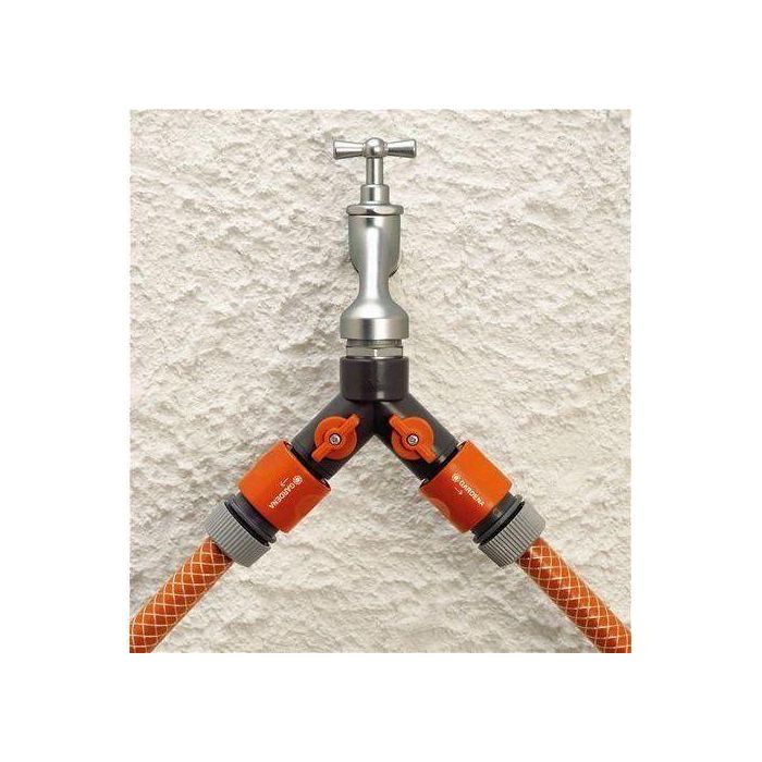 Gardena Distribuidor doble para grifos 1/2", 3/4" y 1", polipropileno, anti UV y anti hielo, gris/naranja 1 Gardena Distribuidor doble para grifos 1/2", 3/4" y 1", polipropileno, anti UV y anti hielo, gris/naranja 1