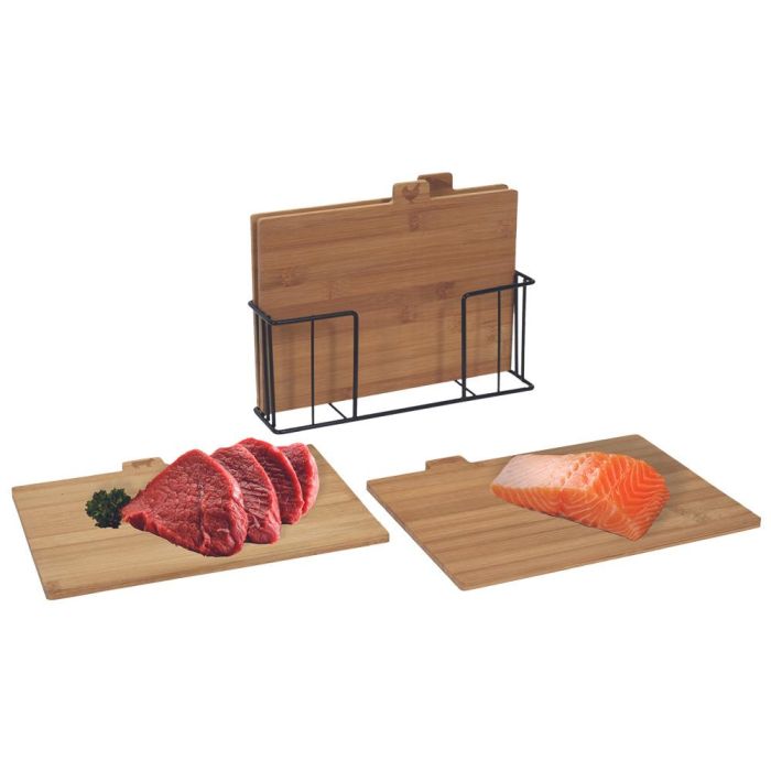 Cook Concept Juego de 4 Tablas de Cortar de Bambú con Pictogramas de Carne, Pescado, Ave y Verdura y Soporte Metálico 6