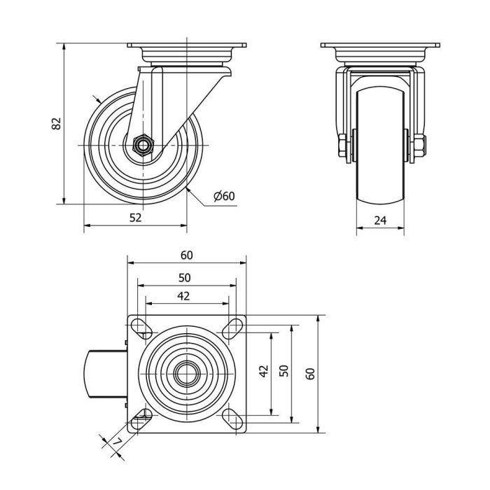 Ruedas Alex Rueda Giratoria con Placa y Eje Liso Ø 6 cm Gris Goma Poliamix Carga Máx. 50 kg