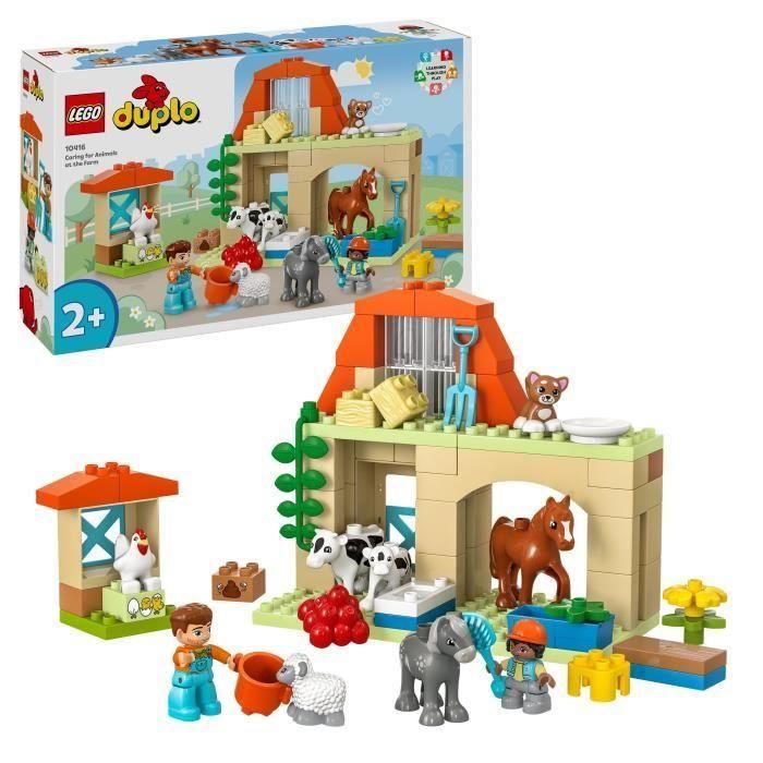 LEGO 10416 DUPLO My Town Cuidando Animales de Granja, Juguete Educativo para Bebés, Casa, Minifiguras de Caballos