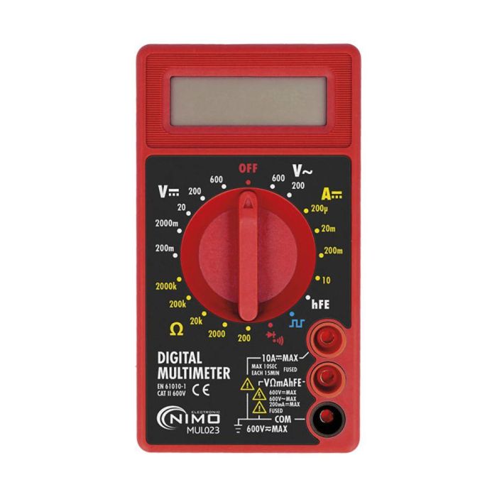 Nimo Multímetro Digital 3 1/2 Dígitos CAT.II 600V Profesional para Voltaje, Corriente (10A), Resistencia, HFE y Diodos Nimo Multímetro Digital 3 1/2 Dígitos CAT.II 600V Profesional para Voltaje, Corriente (10A), Resistencia, HFE y Diodos